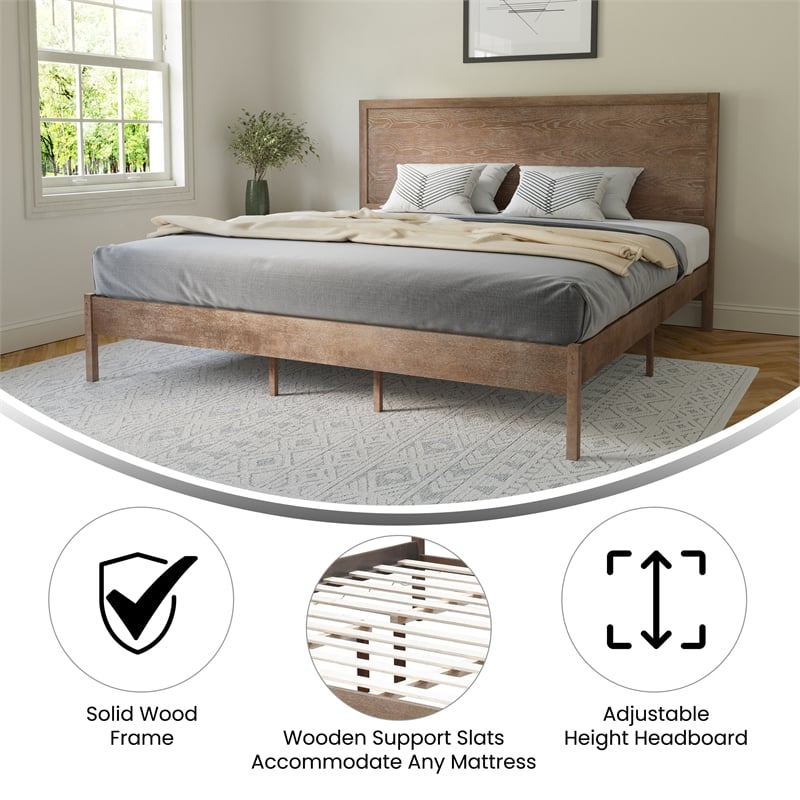 Solid Wood Platform Bed with Headboard and Wooden Slats in Light Brown - King