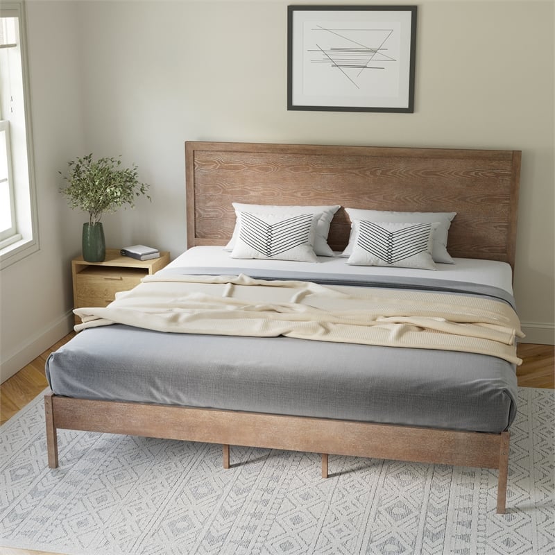 Solid Wood Platform Bed with Headboard and Wooden Slats in Light Brown - King