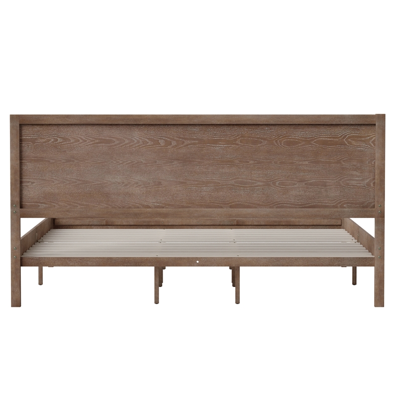 Solid Wood Platform Bed with Headboard and Wooden Slats in Light Brown - King