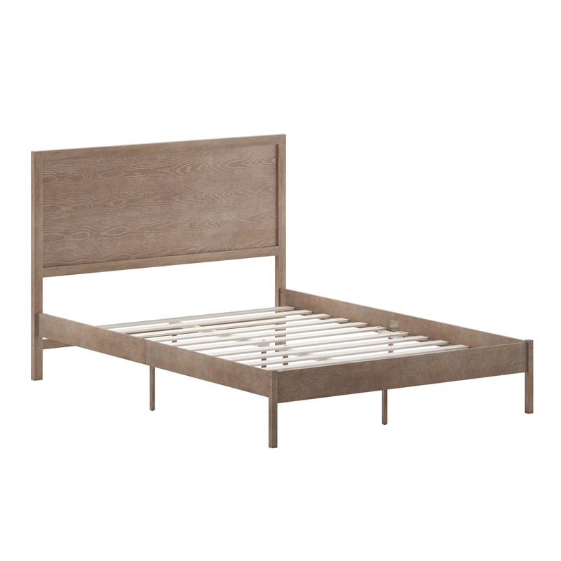 Solid Wood Platform Bed with Headboard and Wooden Slats in Light Brown - Queen