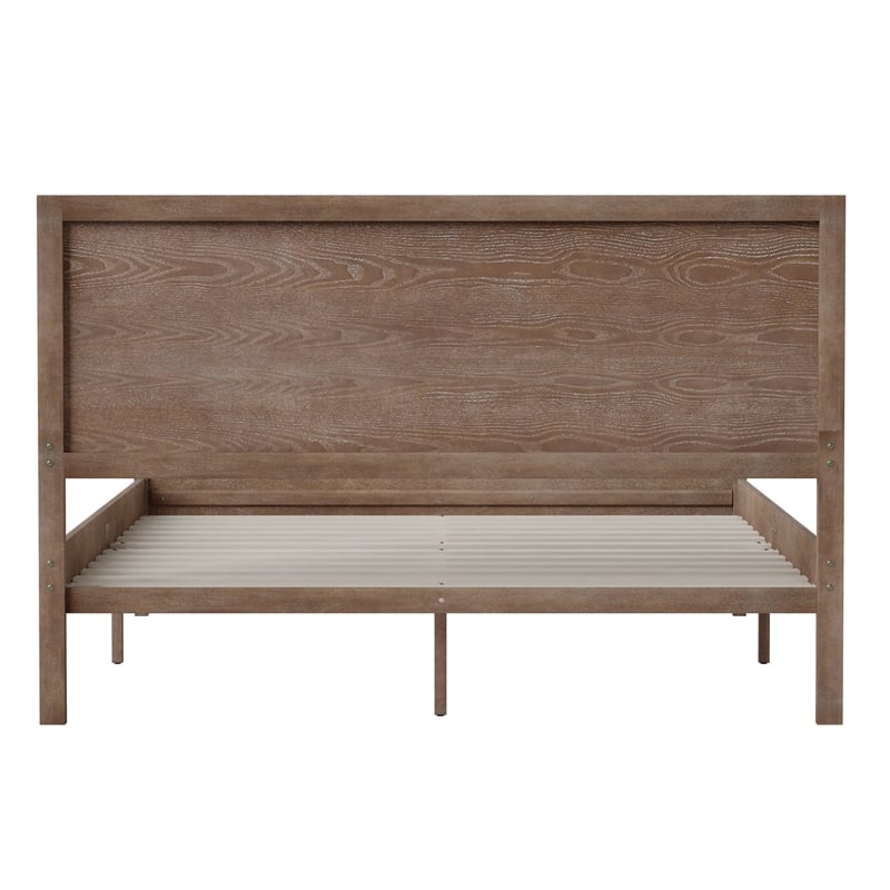 Solid Wood Platform Bed with Headboard and Wooden Slats in Light Brown - Queen