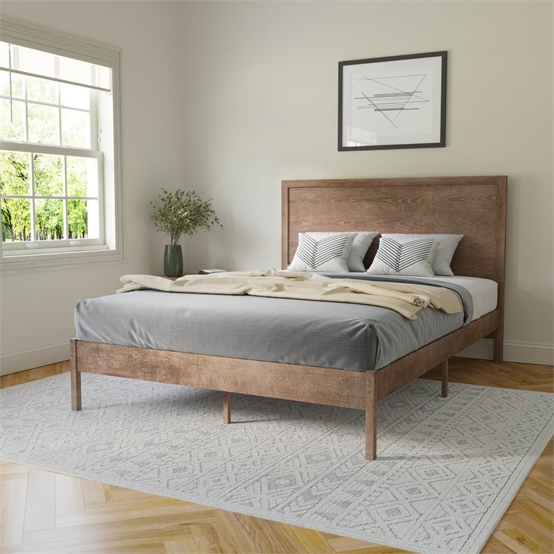 Solid Wood Platform Bed with Headboard and Wooden Slats in Light Brown - Queen