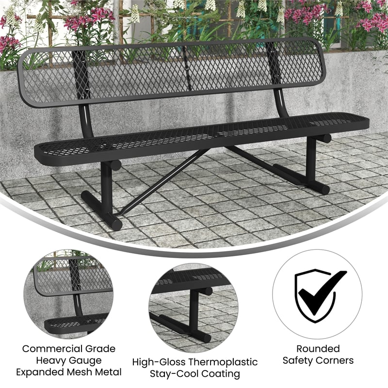 Commercial Grade 6' Expanded Mesh Metal Outdoor Bench with Backrest in Black