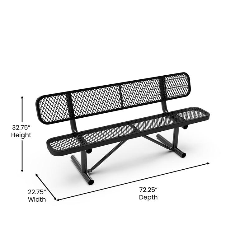 Commercial Grade 6' Expanded Mesh Metal Outdoor Bench with Backrest in Black