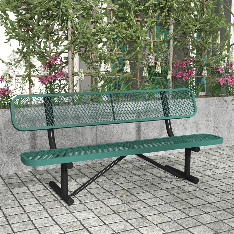 Commercial Grade 6' Expanded Mesh Metal Outdoor Bench with Backrest in Green