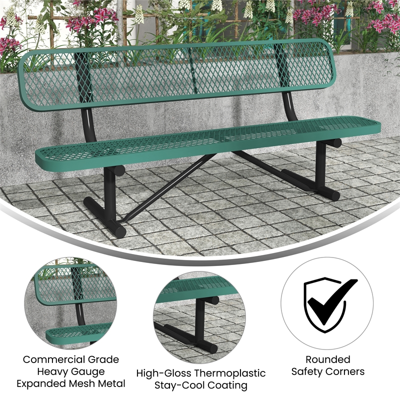Commercial Grade 6' Expanded Mesh Metal Outdoor Bench with Backrest in Green