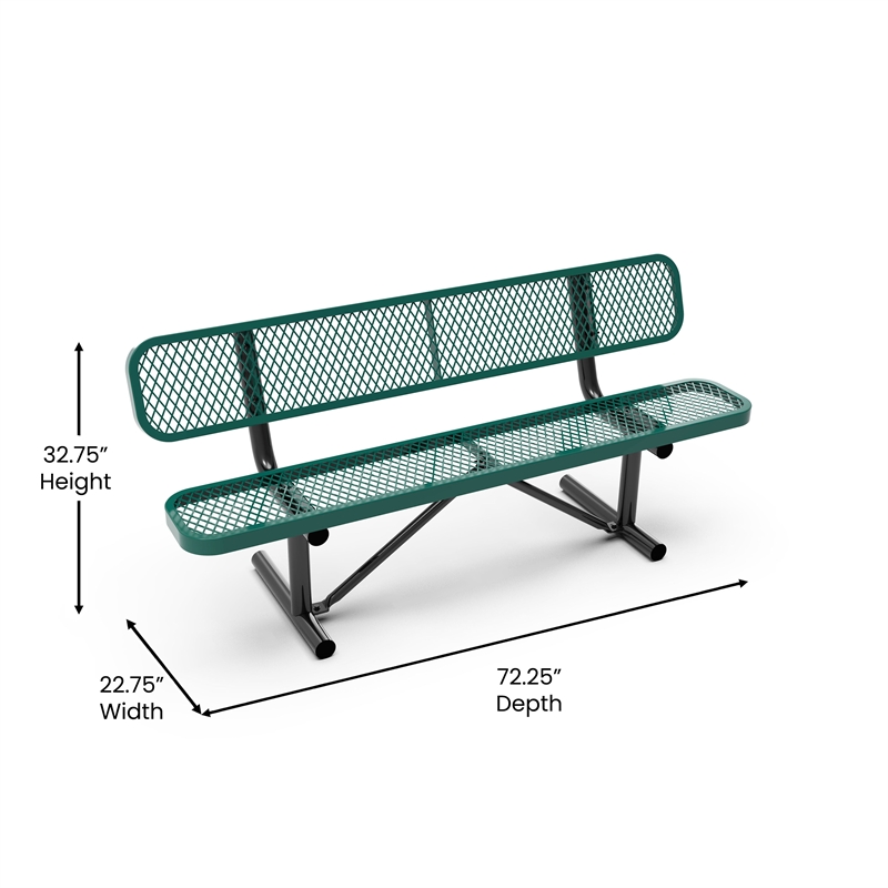 Commercial Grade 6' Expanded Mesh Metal Outdoor Bench with Backrest in Green