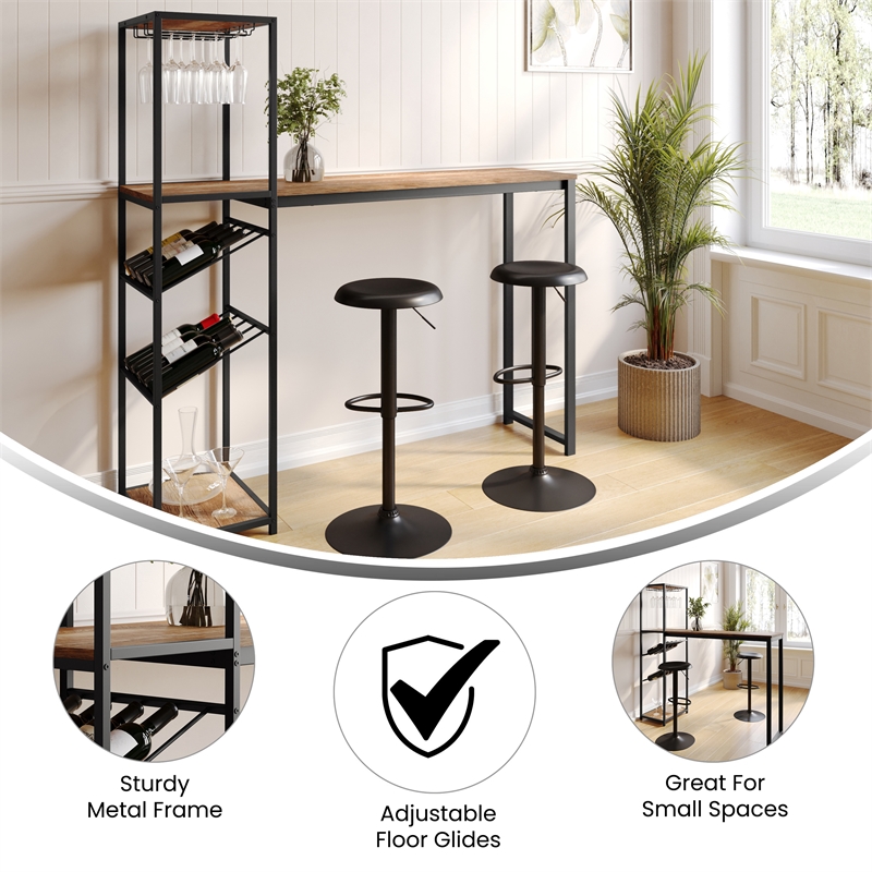 Modern Metal Bar Table with Bottle and Stemware Storage - Black/Light Brown