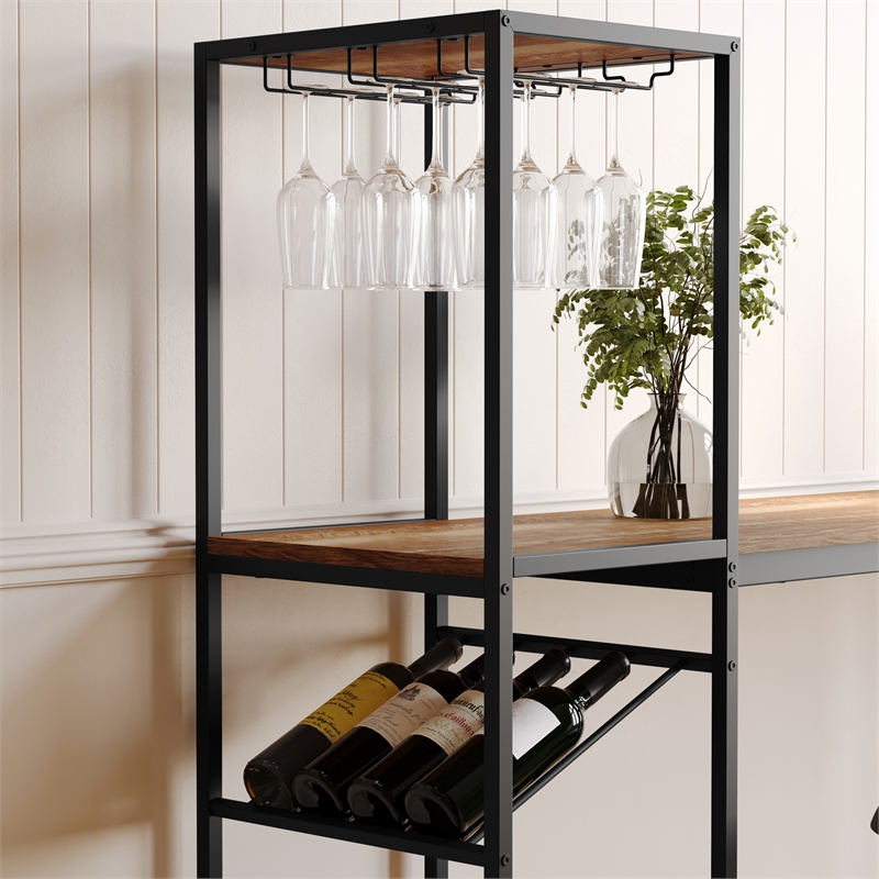 Modern Metal Bar Table with Bottle and Stemware Storage - Black/Light Brown
