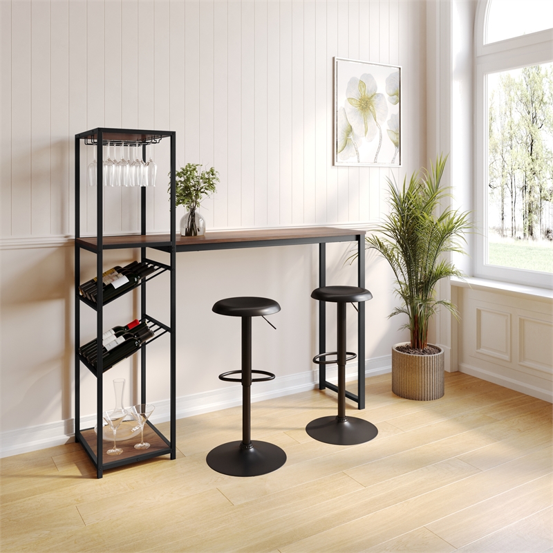 Modern Metal Bar Table with Bottle and Stemware Storage - Black/Walnut