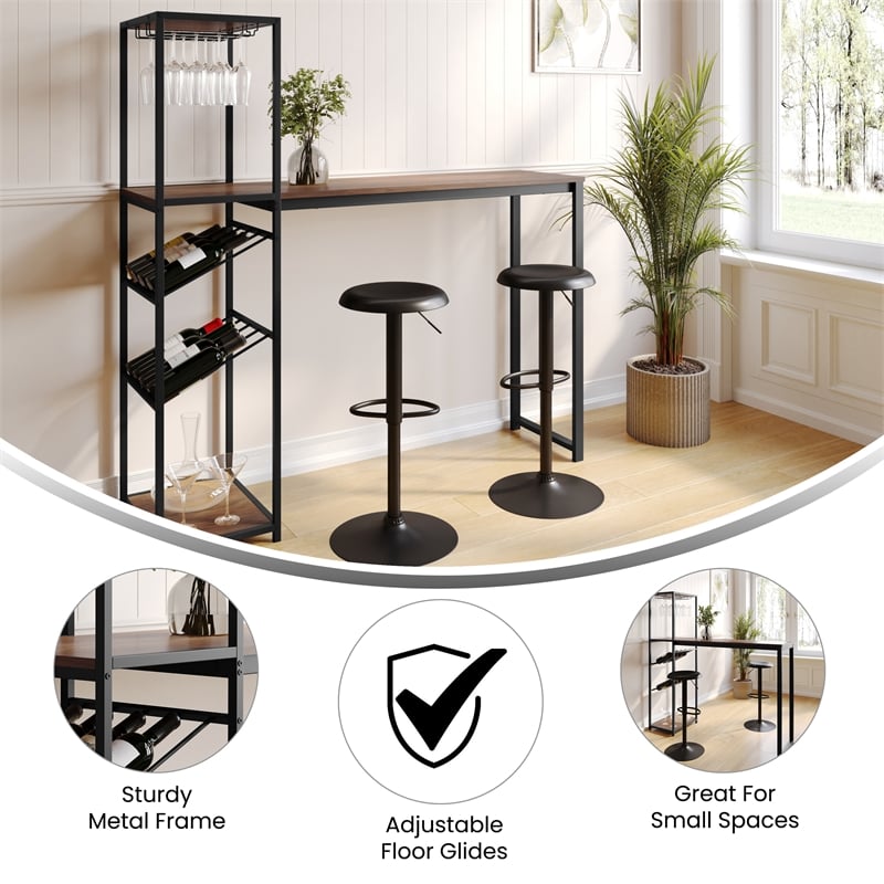Modern Metal Bar Table with Bottle and Stemware Storage - Black/Walnut