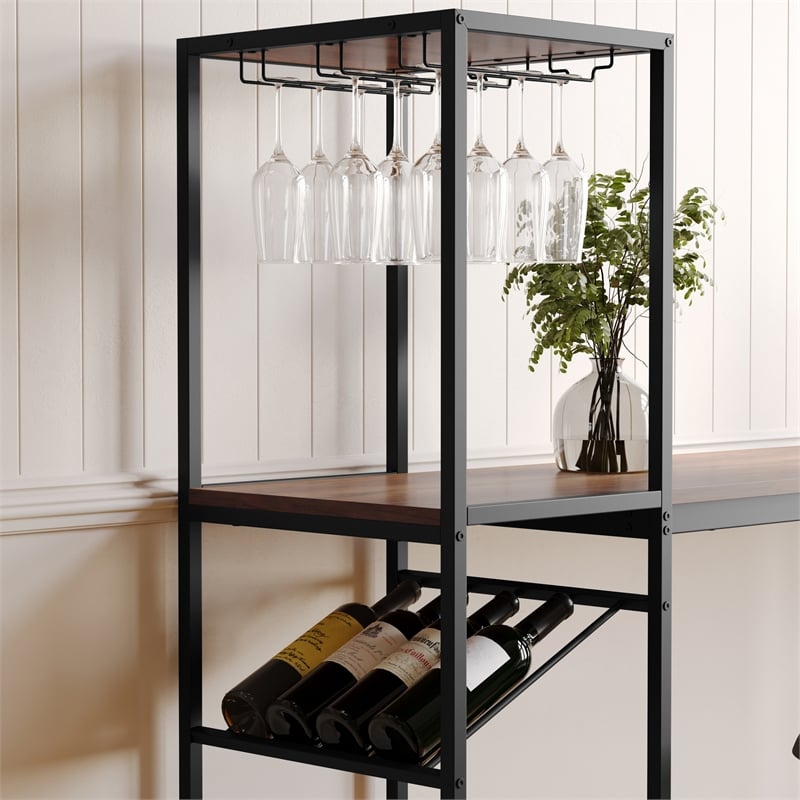 Modern Metal Bar Table with Bottle and Stemware Storage - Black/Walnut