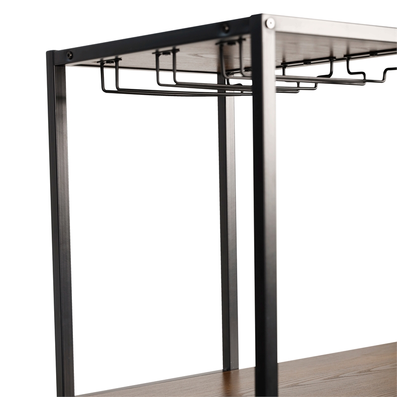 Modern Metal Bar Table with Bottle and Stemware Storage - Black/Walnut