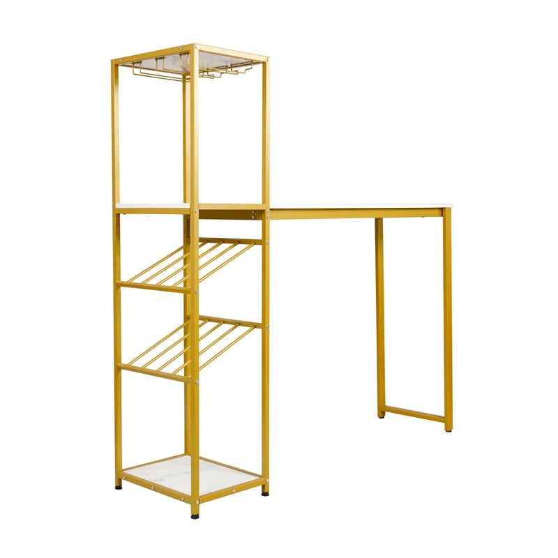 Modern Metal Bar Table with Bottle and Stemware Storage - Gold/Faux Marble