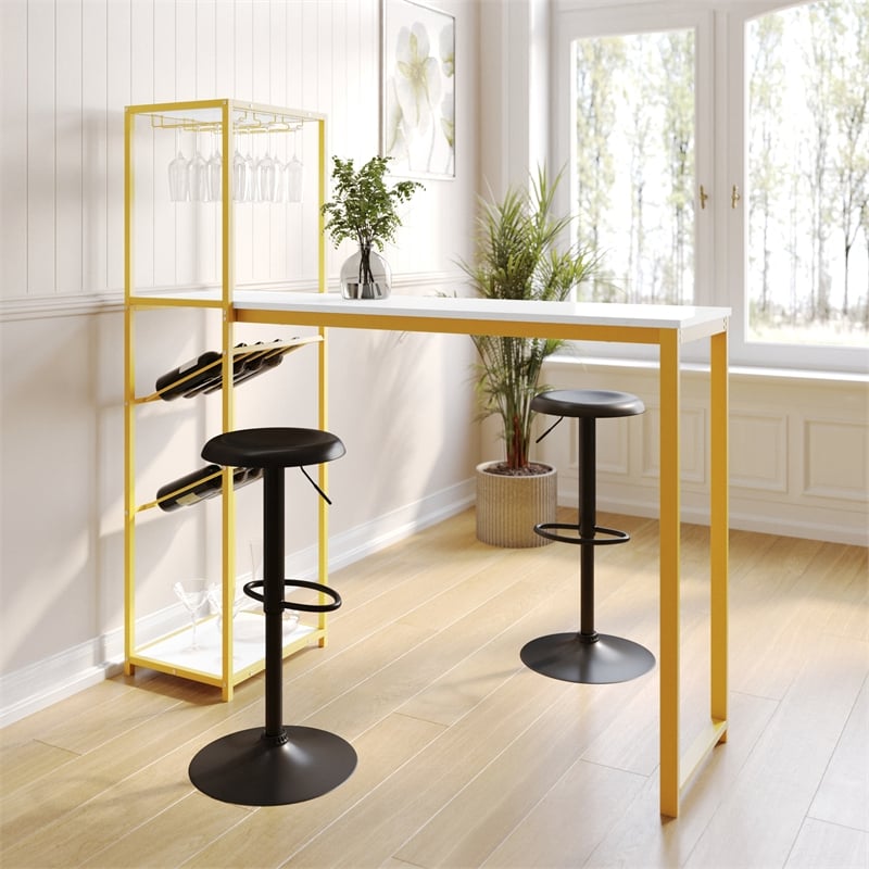 Modern Metal Bar Table with Bottle and Stemware Storage - Gold/Faux Marble