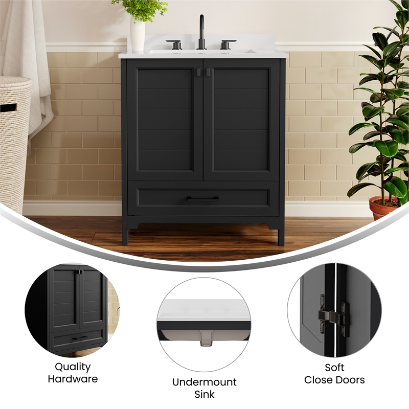 30 Inch Bathroom Vanity with Undermount Sink Cabinet and Drawer in Black