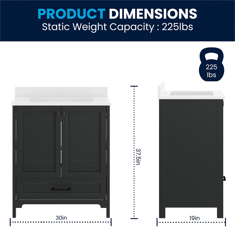 30 Inch Bathroom Vanity with Undermount Sink Cabinet and Drawer in Black