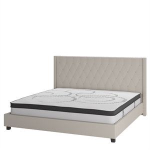 King Tufted Platform Bed in Beige Fabric with 10 Inch Pocket Spring Mattress