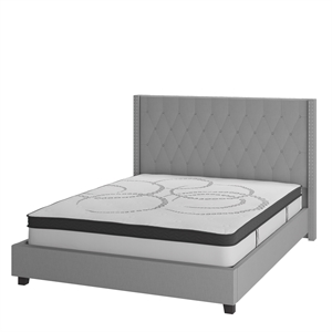 King Tufted Platform Bed in Light Gray Fabric with 10in. Pocket Spring Mattress