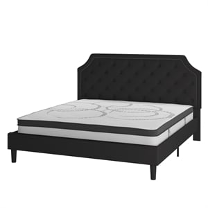 King Tufted Platform Bed in Black Fabric with 10 Inch Pocket Spring Mattress
