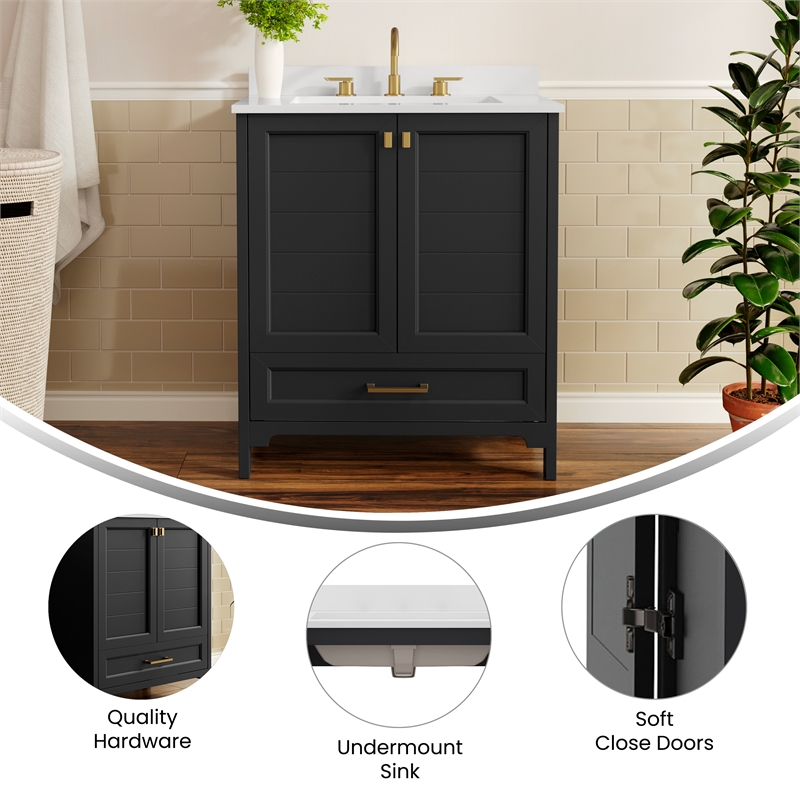 30 Inch Bathroom Vanity with Undermount Sink Cabinet and Drawer in Black