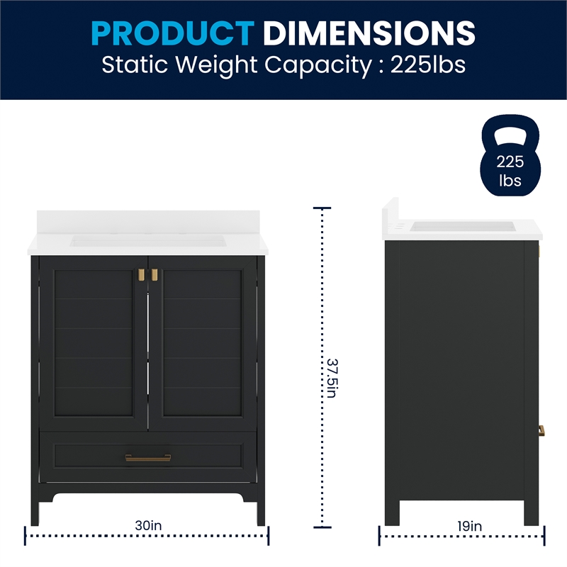 30 Inch Bathroom Vanity with Undermount Sink Cabinet and Drawer in Black
