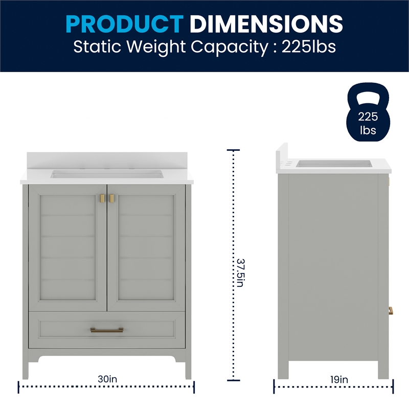 30 Inch Bathroom Vanity with Undermount Sink Cabinet and Drawer in Gray