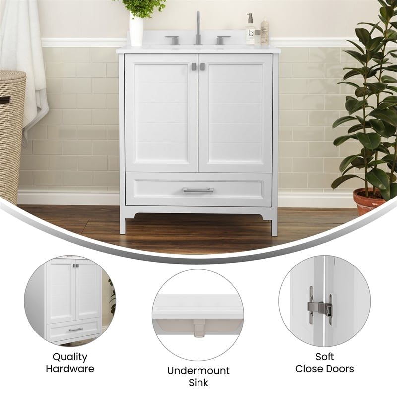 30 Inch Bathroom Vanity with Undermount Sink Cabinet and Drawer in White