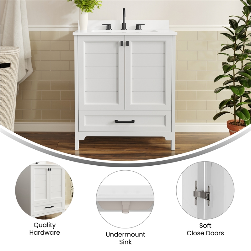 30 Inch Bathroom Vanity with Undermount Sink Cabinet and Drawer in White