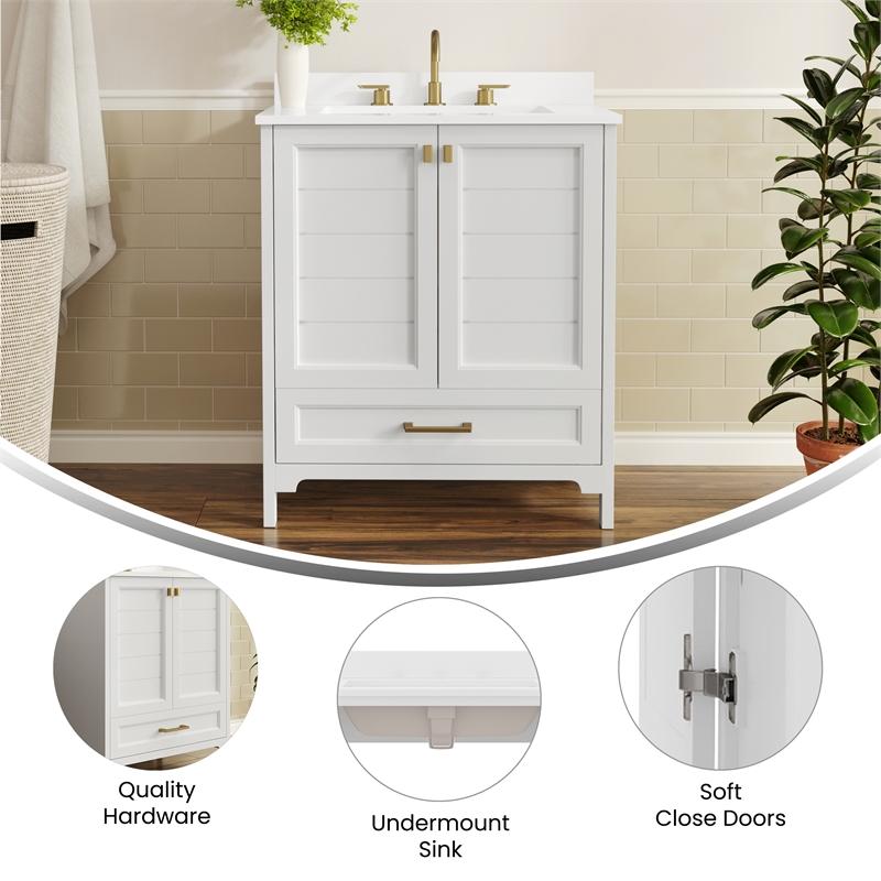 30 Inch Bathroom Vanity with Undermount Sink Cabinet and Drawer in White