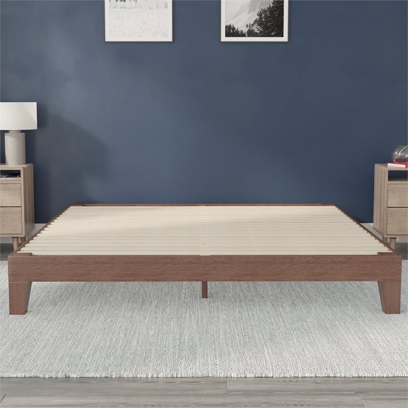 Wood Platform Bed with 14 Wooden Support Slats in Walnut - King