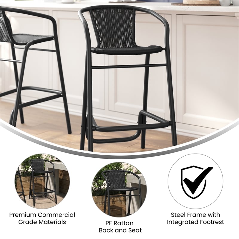 Commercial Indoor-Outdoor Rattan Restaurant Barstool Black Frame-Black