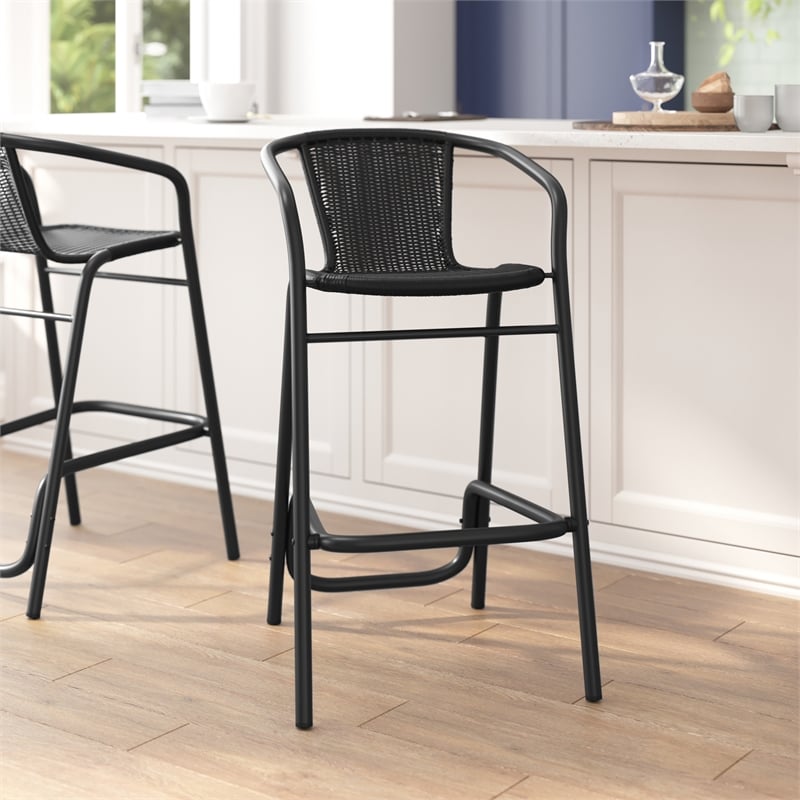 Commercial Indoor-Outdoor Rattan Restaurant Barstool Black Frame-Black