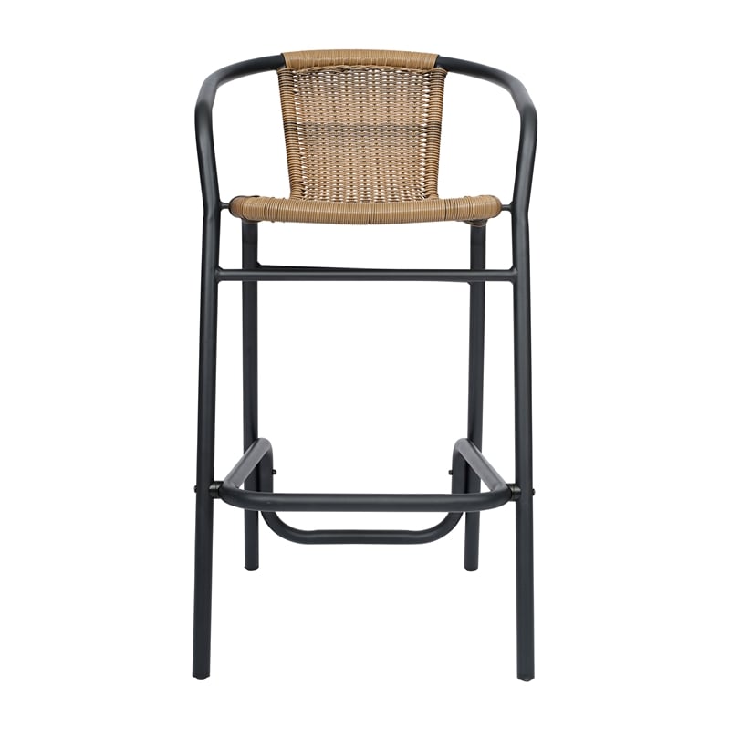 Commercial Indoor-Outdoor Rattan Restaurant Barstool Black Frame-Medium Brown