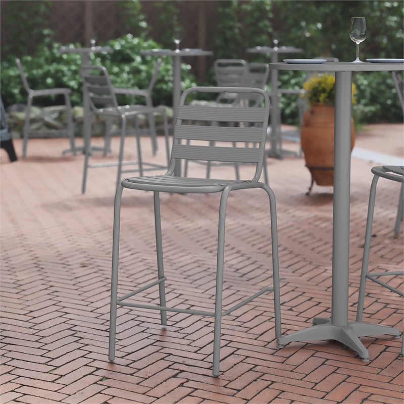 Commercial Silver Indoor-Outdoor Restaurant Stacking Stool with Triple Slat Back