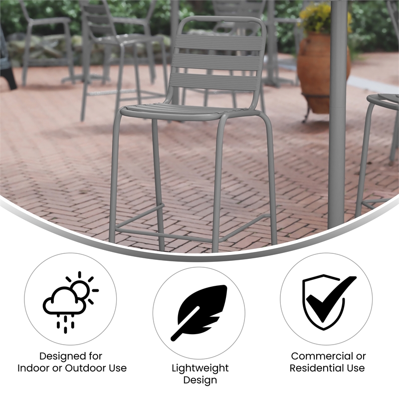 Commercial Silver Indoor-Outdoor Restaurant Stacking Stool with Triple Slat Back