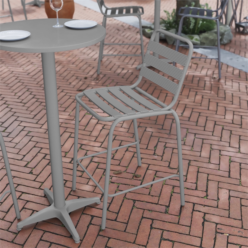 Commercial Silver Indoor-Outdoor Restaurant Stacking Stool with Triple Slat Back