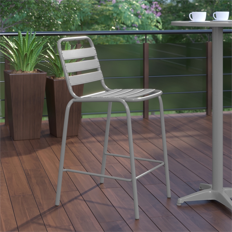 Commercial Silver Indoor-Outdoor Restaurant Stacking Stool with Triple Slat Back