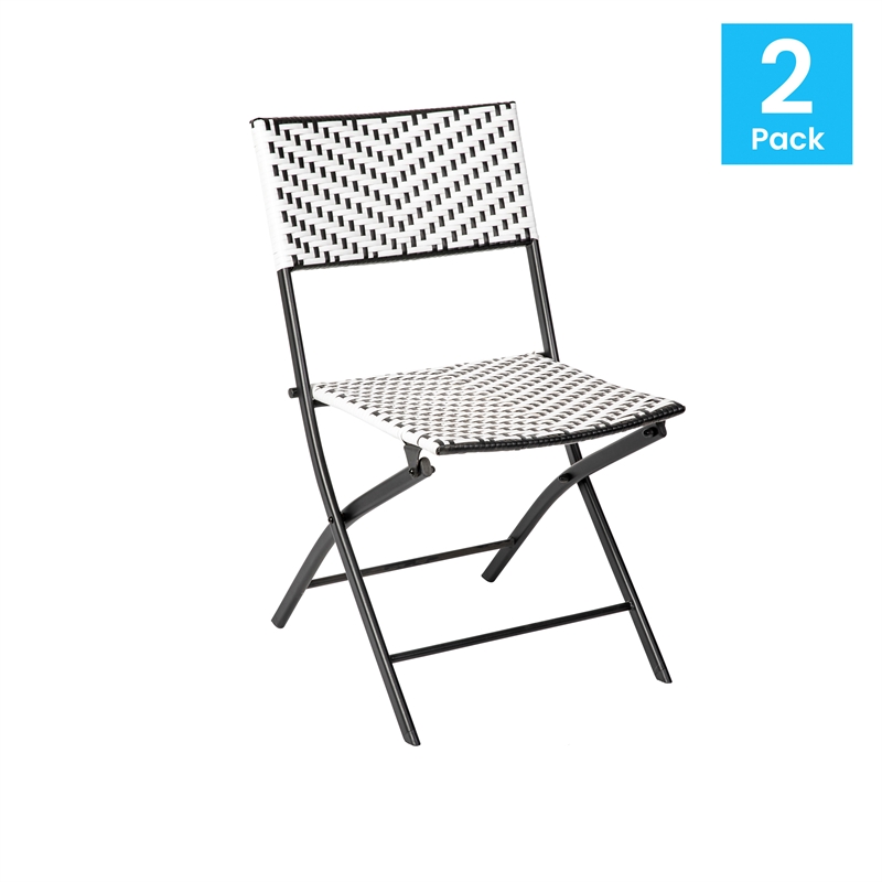2PC Black and White Indoor/Outdoor PE Rattan Folding Bistro Chairs