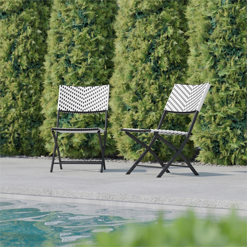 2PC Black and White Indoor/Outdoor PE Rattan Folding Bistro Chairs