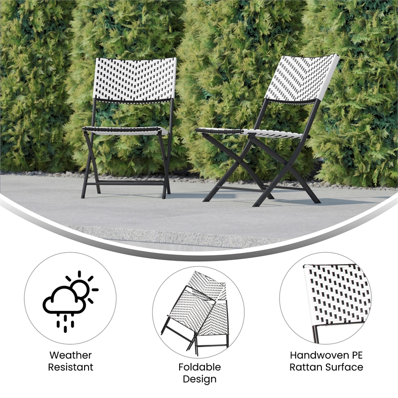 2PC Black and White Indoor/Outdoor PE Rattan Folding Bistro Chairs