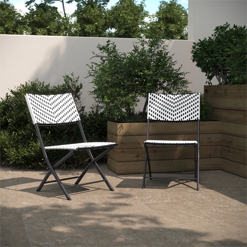 2PC Black and White Indoor/Outdoor PE Rattan Folding Bistro Chairs
