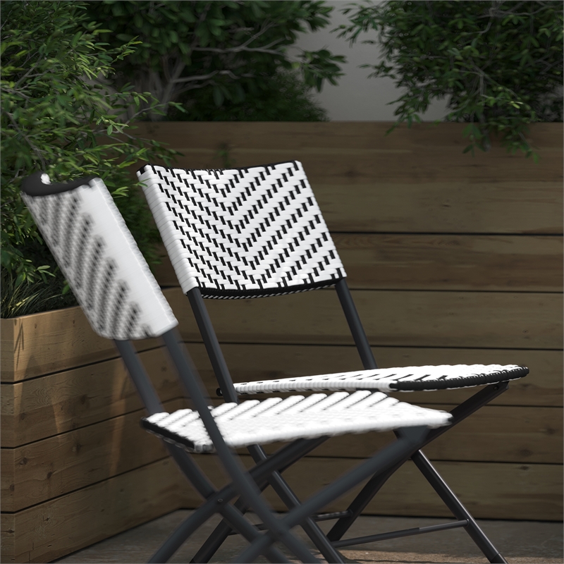 2PC Black and White Indoor/Outdoor PE Rattan Folding Bistro Chairs