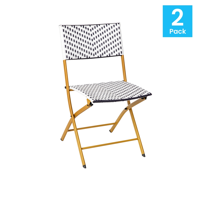 2PC Navy and White Indoor/Outdoor PE Rattan Folding Bistro Chairs