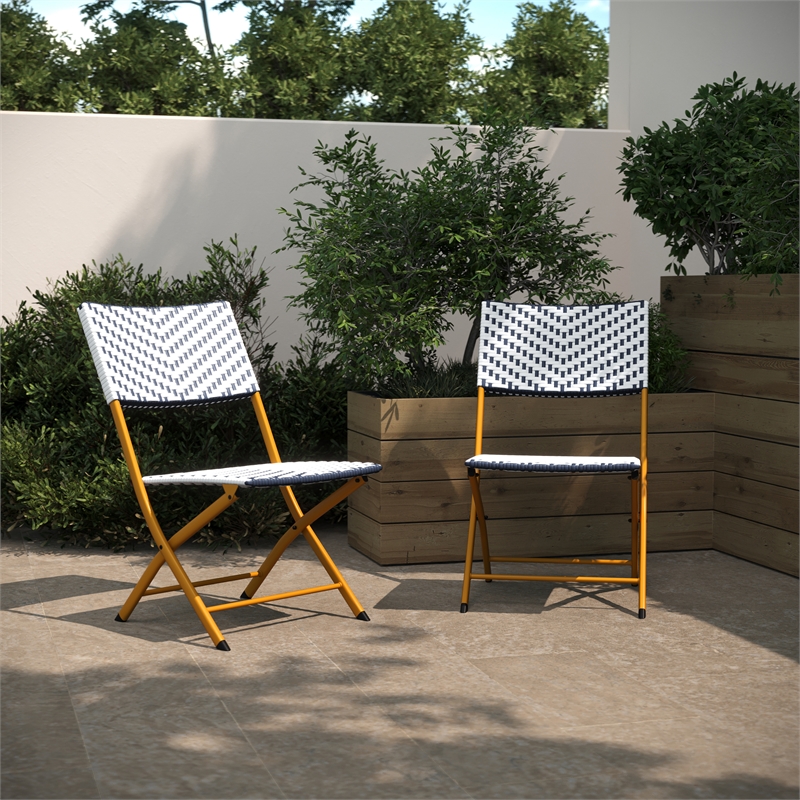 2PC Navy and White Indoor/Outdoor PE Rattan Folding Bistro Chairs