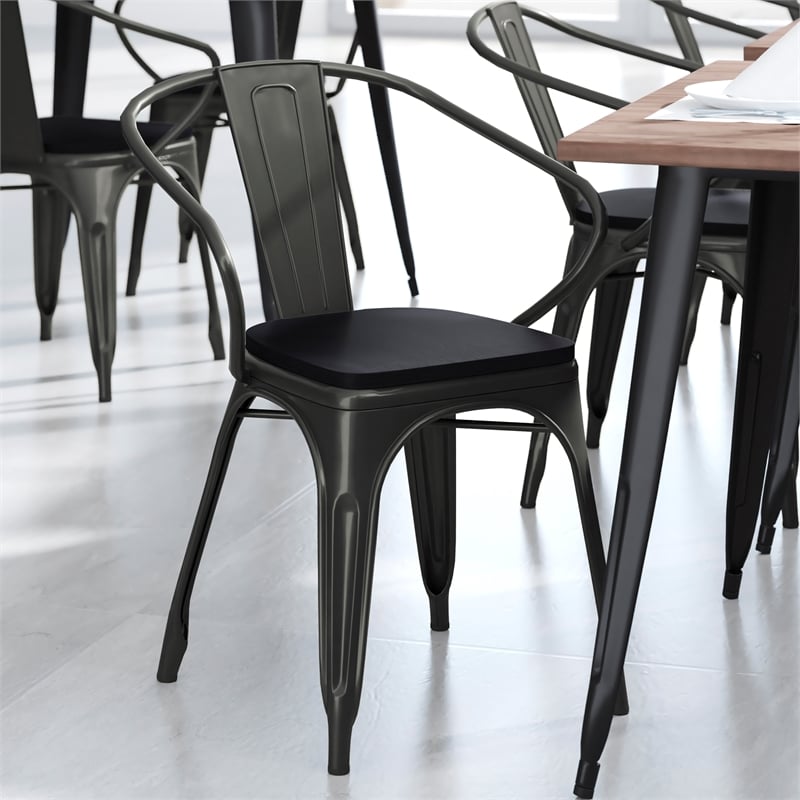 All-Weather Metal Stack Chair with Arms and Poly Resin Seat - Black/Black