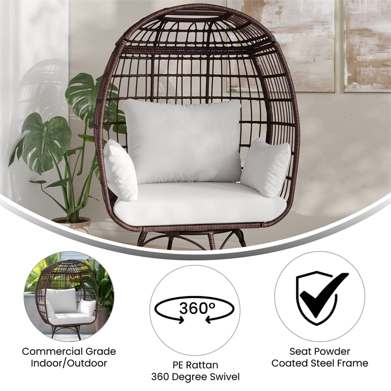 Commercial Indoor/Outdoor Wicker Swivel Lounge Chair with 4 Cushions in Brn/Crm