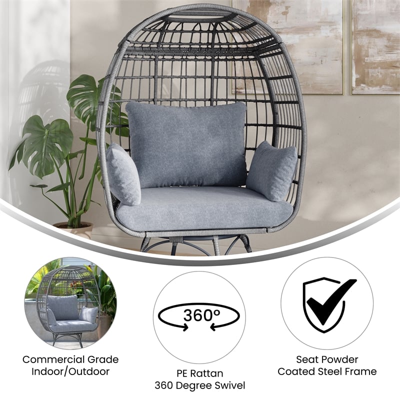 Commercial Indoor/Outdoor Wicker Swivel Lounge Chair with 4 Cushions in Gray