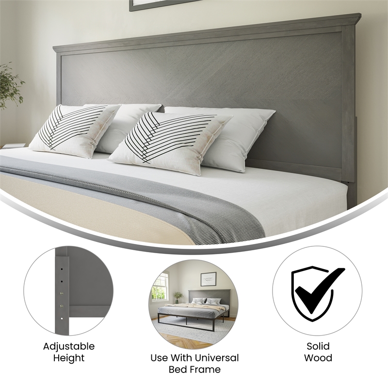 Contemporary King Size Herring Bone Wooden Headboard Only in Gray Wash