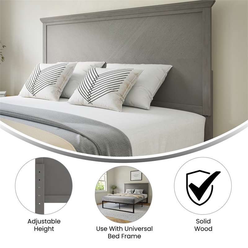 Contemporary Queen Size Herring Bone Wooden Headboard Only in Gray Wash